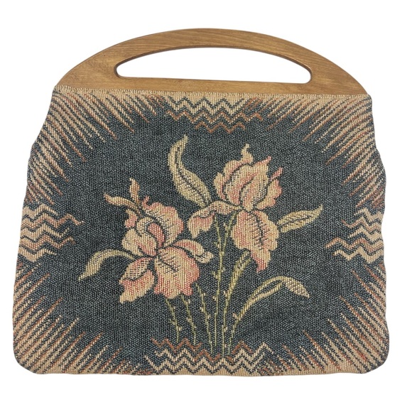 Vintage Floral Tapestry Handbag with Wooden Handles Mid Century Needlepoint - Picture 1 of 13